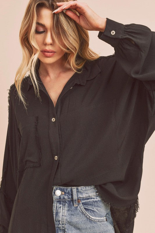 "Olivia Raw Edge Exposed Seam Collared Neck Long Sleeve Shirt – Trendy & Edgy, Unique Raw Edge Details, Classic Collared Design, Perfect for Casual Chic Style"