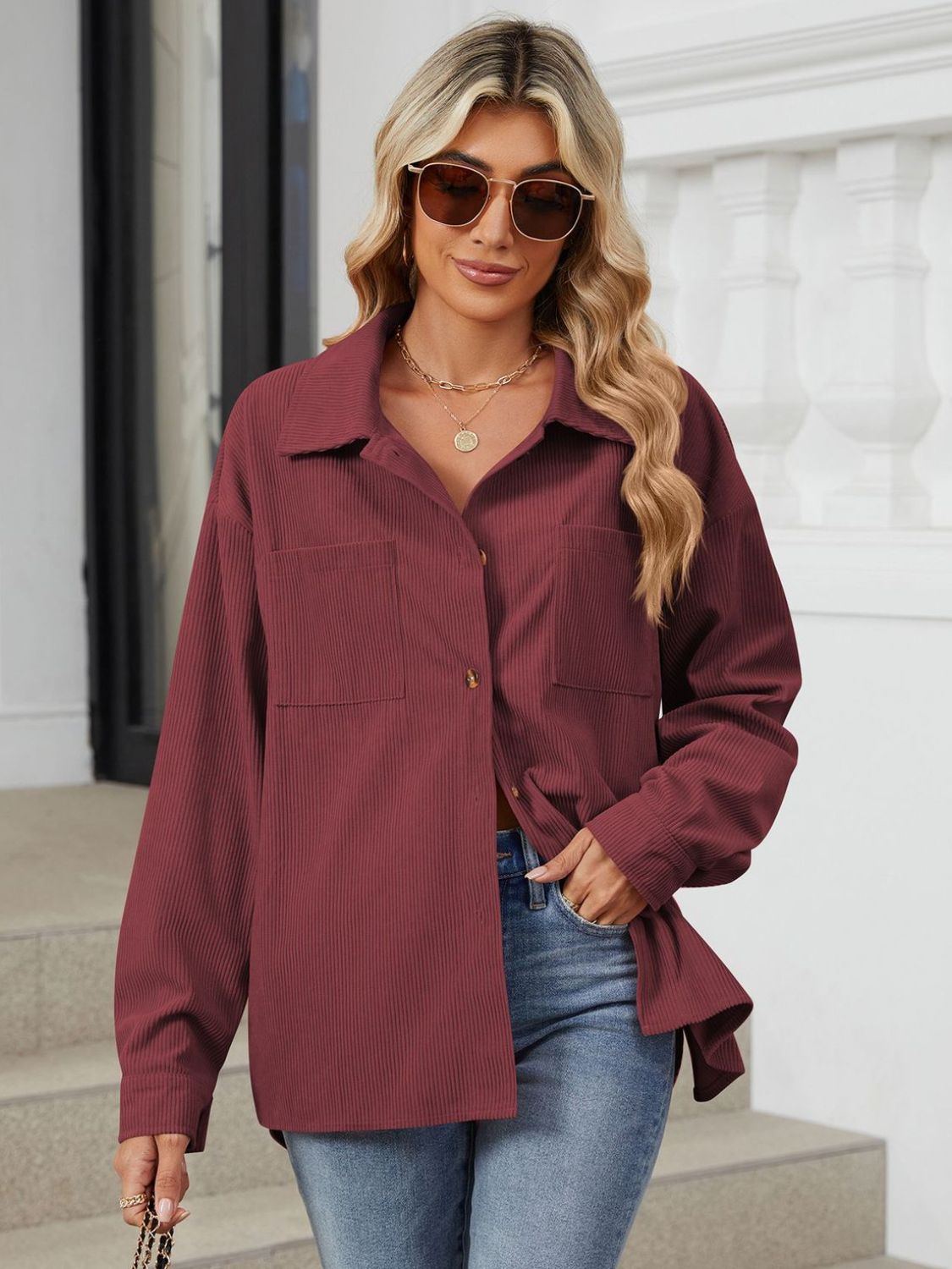 "Button Up Dropped Shoulder Long Sleeve Outerwear – Stylish & Versatile, Relaxed Fit, Chic Button-Up Design, Perfect for Layering & Effortless Everyday Fashion."