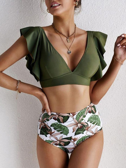 "Ruffled Printed V-Neck Two-Piece Swim Set – Chic Swimsuit with Flirty Ruffle Details, Stylish Print & Flattering V-Neck, Perfect for Beach & Poolside Fun"