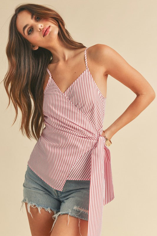 "Olivia Side Knotted Surplice Striped Cami – Chic & Flattering, Stylish Surplice Design, Trendy Side Knot Detail, Perfect for Effortless Summer Looks"