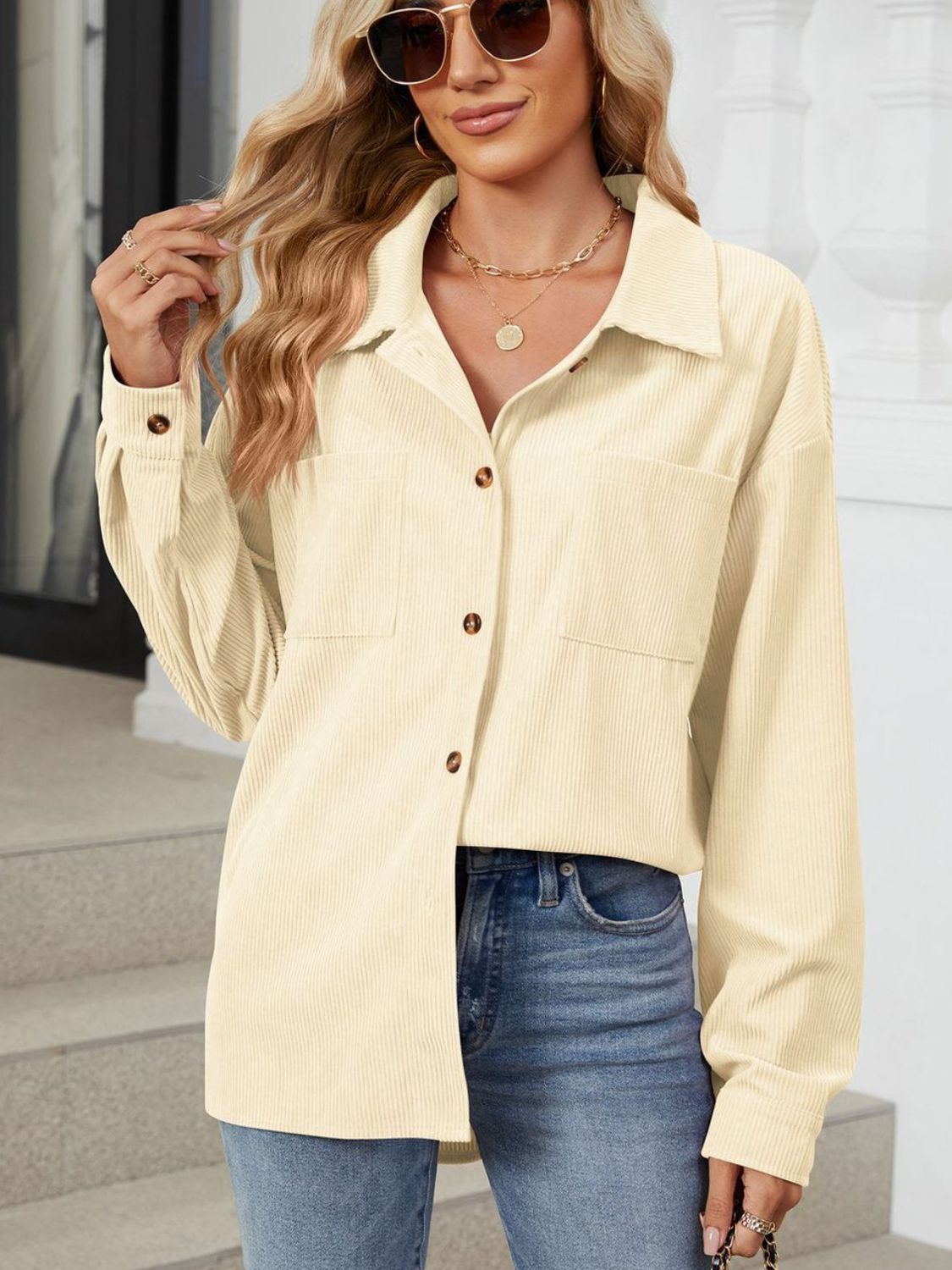 "Button Up Dropped Shoulder Long Sleeve Outerwear – Stylish & Versatile, Relaxed Fit, Chic Button-Up Design, Perfect for Layering & Effortless Everyday Fashion."