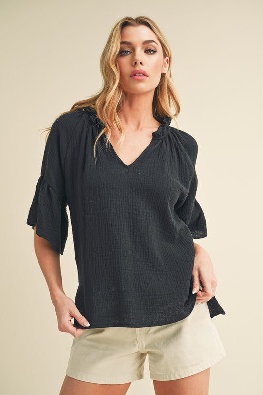 "Olivia Side Slit Notched Ruffled Half Sleeve Blouse – Elegant & Flowy Top, Chic Notched Neckline, Ruffled Half Sleeves, Perfect for Effortless Style"