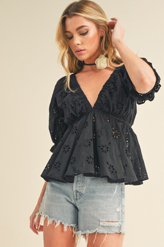 "Olivia Eyelet Embroidered V-Neck Peplum Blouse – Elegant & Feminine, Delicate Eyelet Embroidery, Flattering Peplum Silhouette, Perfect for Chic Everyday Style"