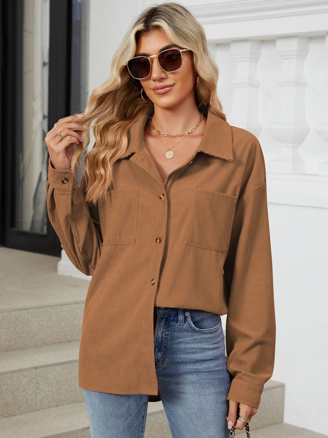 "Button Up Dropped Shoulder Long Sleeve Outerwear – Stylish & Versatile, Relaxed Fit, Chic Button-Up Design, Perfect for Layering & Effortless Everyday Fashion."