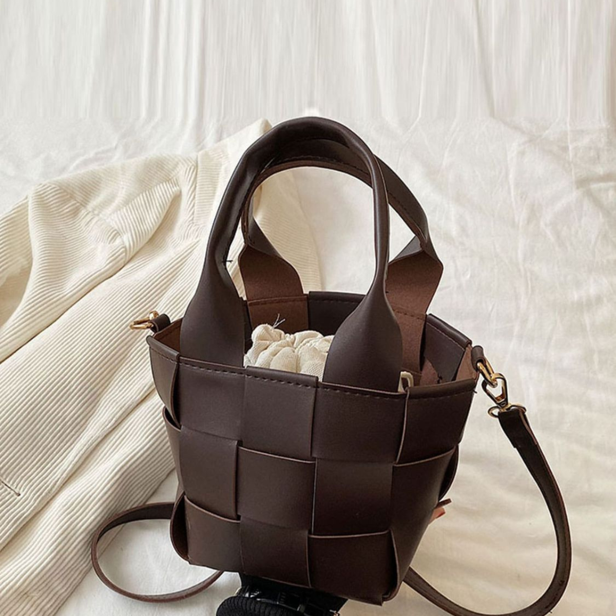 PU Leather Braided Bucket Bag