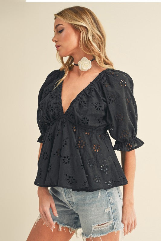 "Olivia Eyelet Embroidered V-Neck Peplum Blouse – Elegant & Feminine, Delicate Eyelet Embroidery, Flattering Peplum Silhouette, Perfect for Chic Everyday Style"