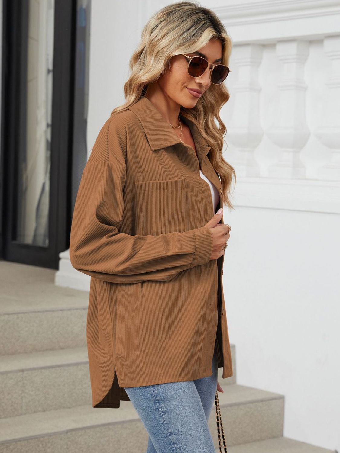 "Button Up Dropped Shoulder Long Sleeve Outerwear – Stylish & Versatile, Relaxed Fit, Chic Button-Up Design, Perfect for Layering & Effortless Everyday Fashion."