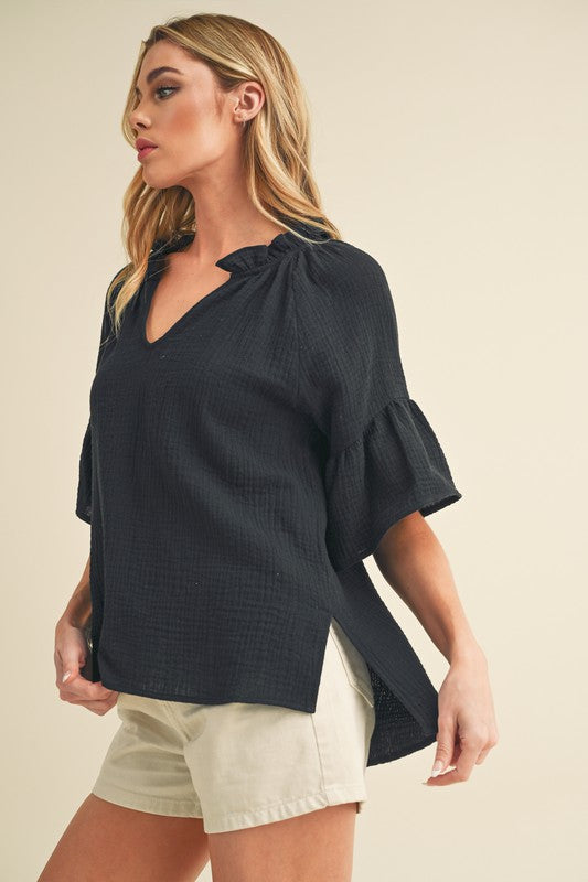 "Olivia Side Slit Notched Ruffled Half Sleeve Blouse – Elegant & Flowy Top, Chic Notched Neckline, Ruffled Half Sleeves, Perfect for Effortless Style"