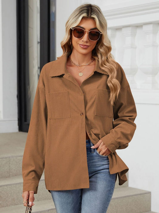 "Button Up Dropped Shoulder Long Sleeve Outerwear – Stylish & Versatile, Relaxed Fit, Chic Button-Up Design, Perfect for Layering & Effortless Everyday Fashion."