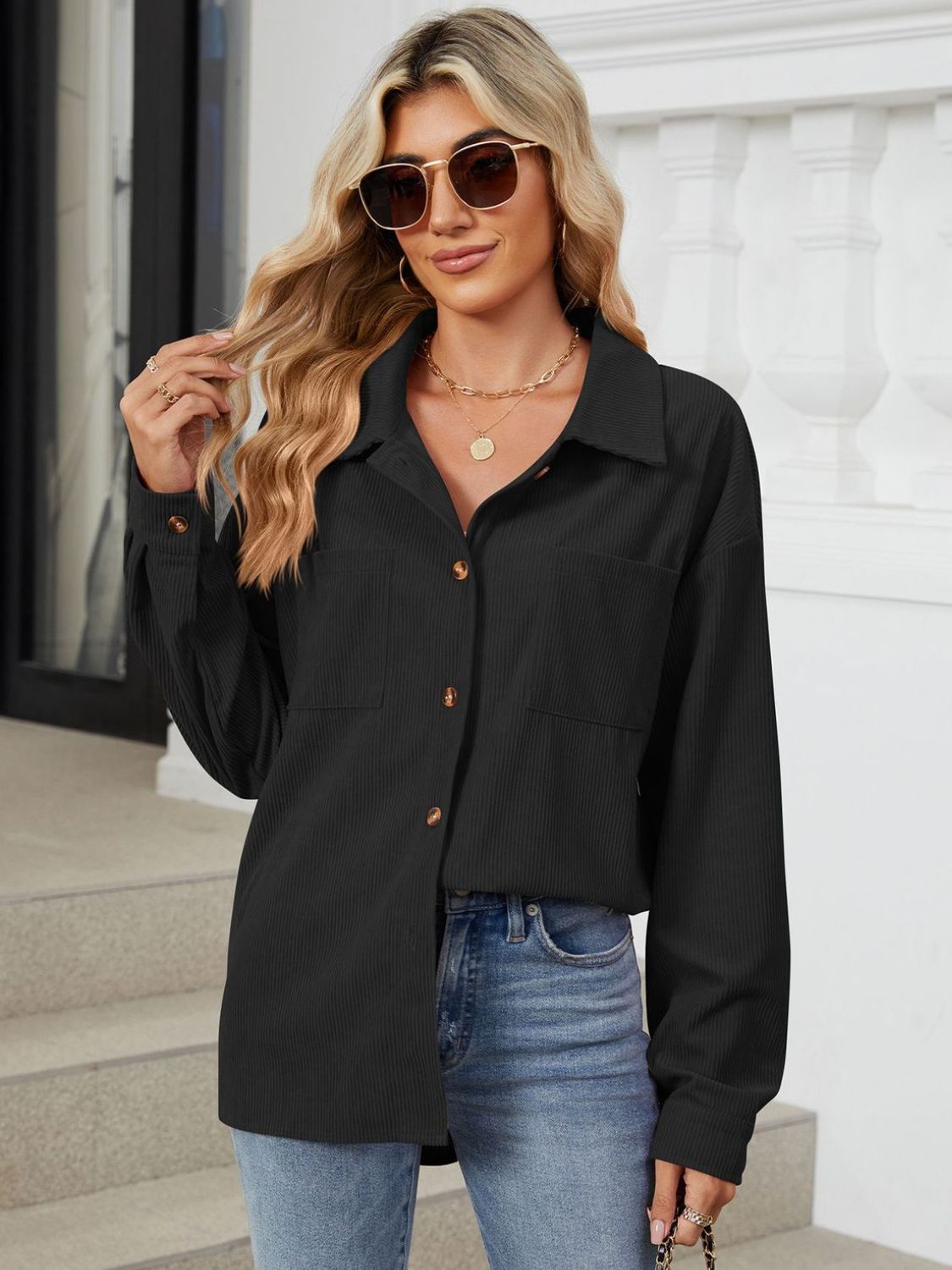 "Button Up Dropped Shoulder Long Sleeve Outerwear – Stylish & Versatile, Relaxed Fit, Chic Button-Up Design, Perfect for Layering & Effortless Everyday Fashion."