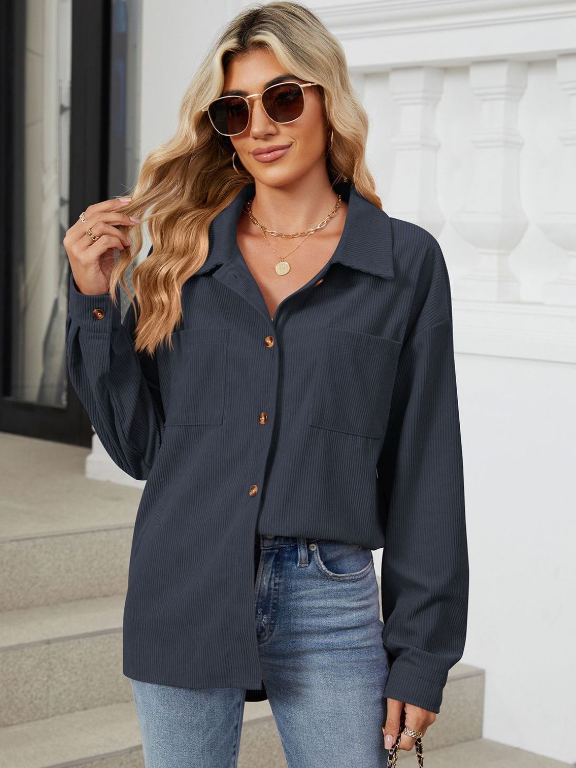 "Button Up Dropped Shoulder Long Sleeve Outerwear – Stylish & Versatile, Relaxed Fit, Chic Button-Up Design, Perfect for Layering & Effortless Everyday Fashion."