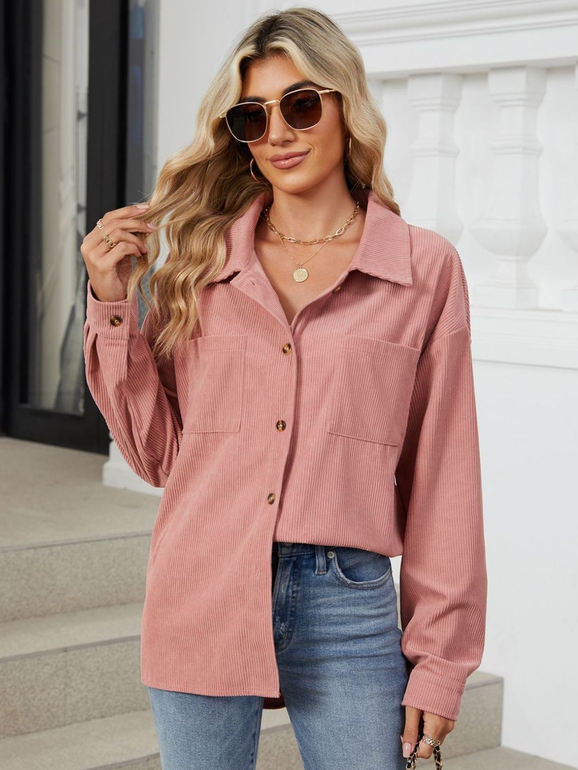 "Button Up Dropped Shoulder Long Sleeve Outerwear – Stylish & Versatile, Relaxed Fit, Chic Button-Up Design, Perfect for Layering & Effortless Everyday Fashion."