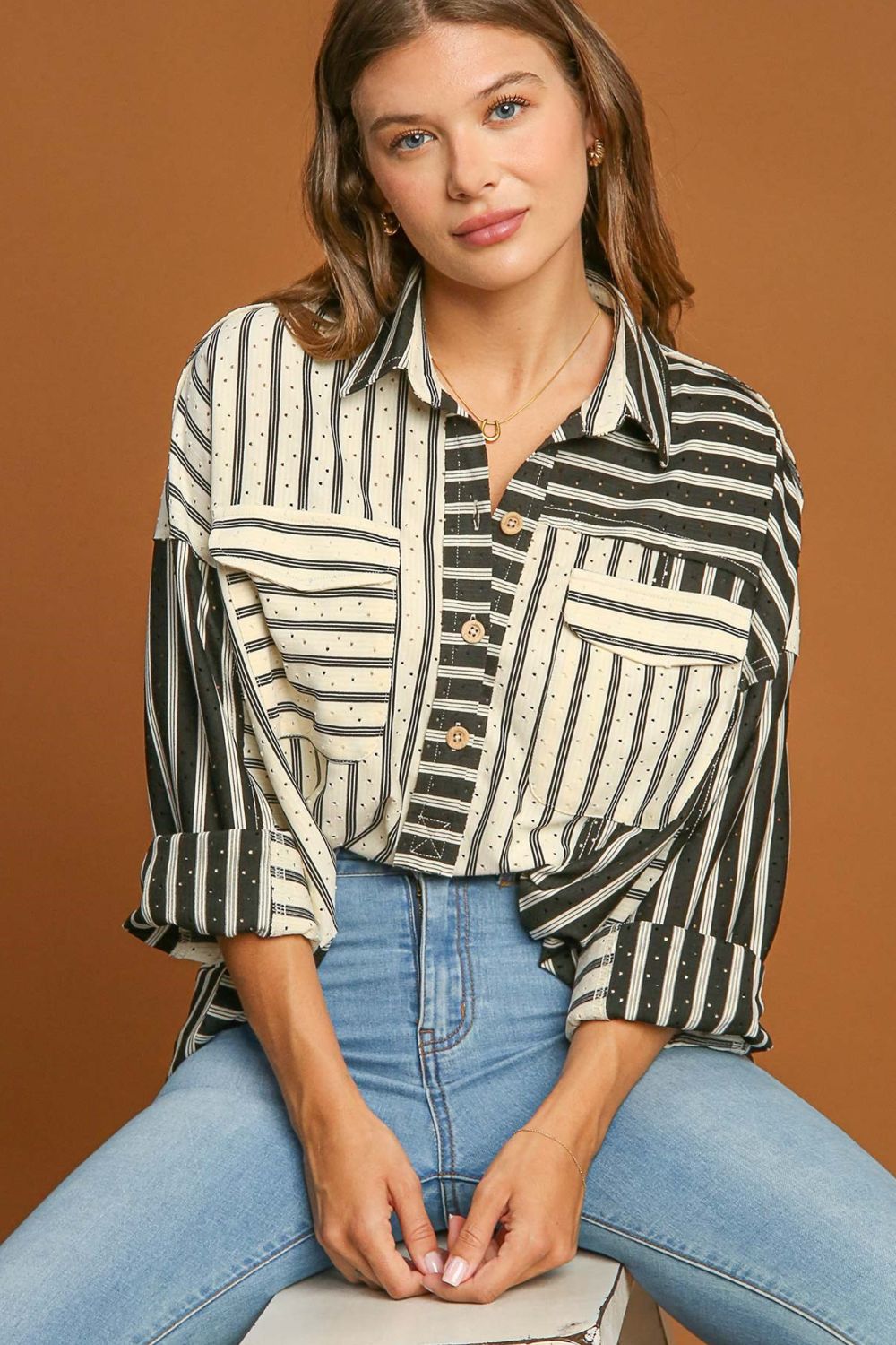 "Umgee Full Size Pointelle Striped Half Button Collared Neck Top – Stylish & Comfortable, Textured Pointelle Knit, Classic Collared Design, Perfect for Chic Plus-Size Fashion"