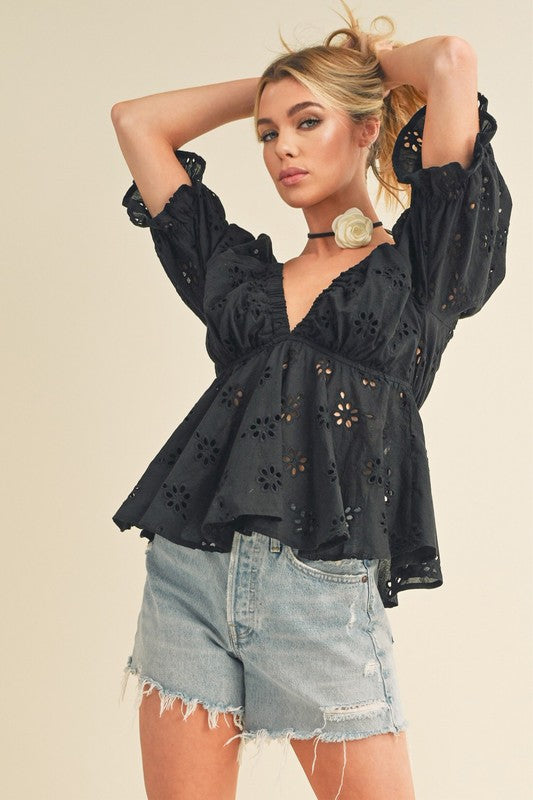 "Olivia Eyelet Embroidered V-Neck Peplum Blouse – Elegant & Feminine, Delicate Eyelet Embroidery, Flattering Peplum Silhouette, Perfect for Chic Everyday Style"