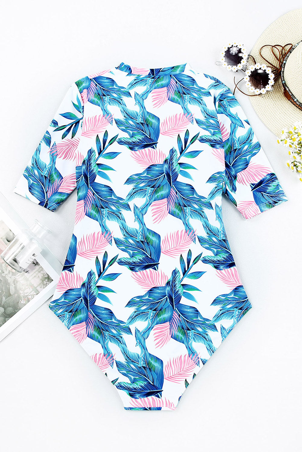 "Printed Notched Half Sleeve One-Piece Swimwear – Stylish Swimsuit with Trendy Print, Flattering Notched Neckline & Half Sleeves, Perfect for Beach & Poolside"