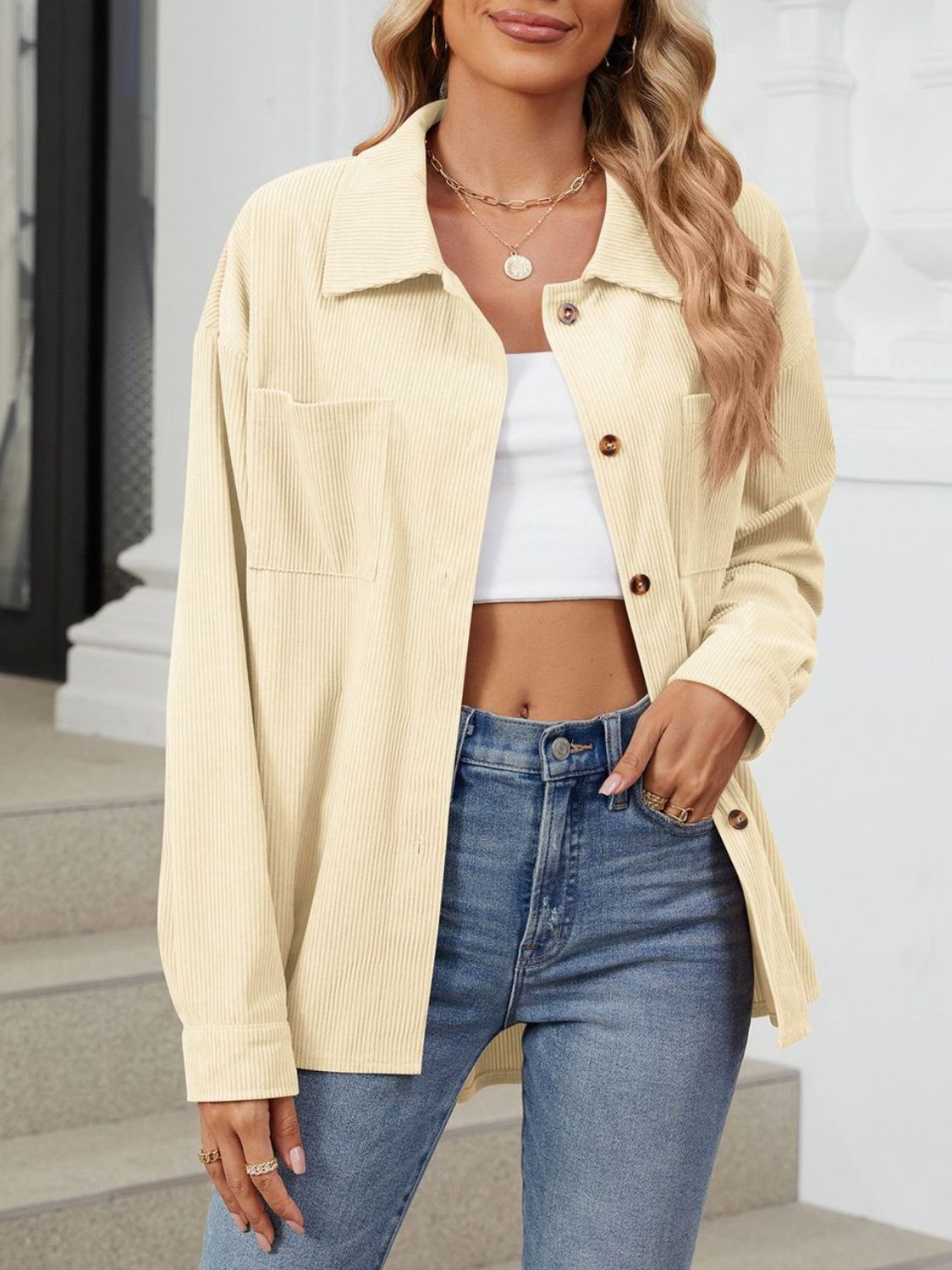 "Button Up Dropped Shoulder Long Sleeve Outerwear – Stylish & Versatile, Relaxed Fit, Chic Button-Up Design, Perfect for Layering & Effortless Everyday Fashion."