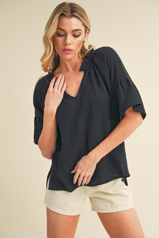 "Olivia Side Slit Notched Ruffled Half Sleeve Blouse – Elegant & Flowy Top, Chic Notched Neckline, Ruffled Half Sleeves, Perfect for Effortless Style"