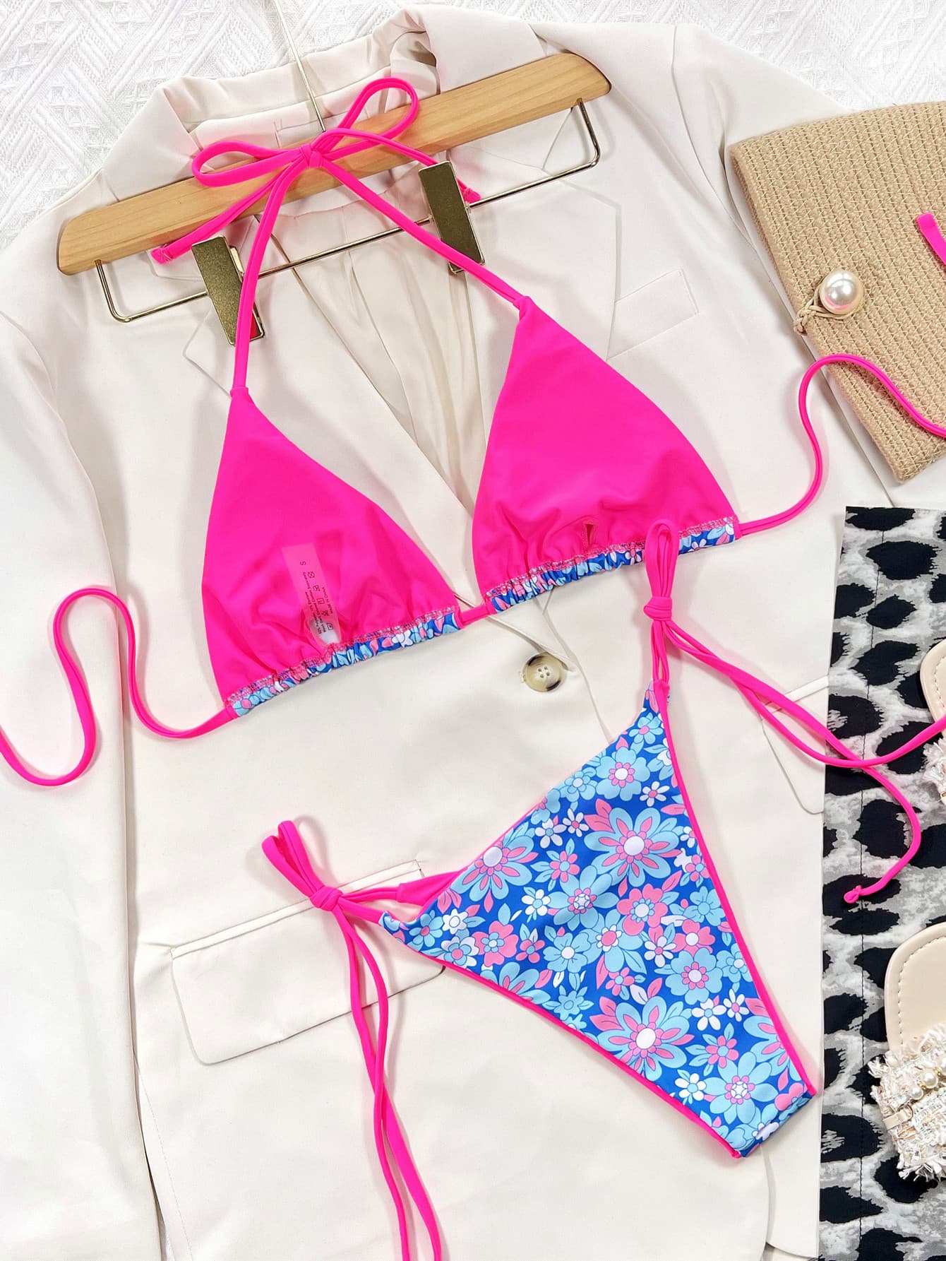 "Floral Halter Neck Tie Side Bikini Set – Trendy Two-Piece Swimsuit, Adjustable Halter Neck & Side Ties, Perfect for a Chic Beach & Poolside Look"