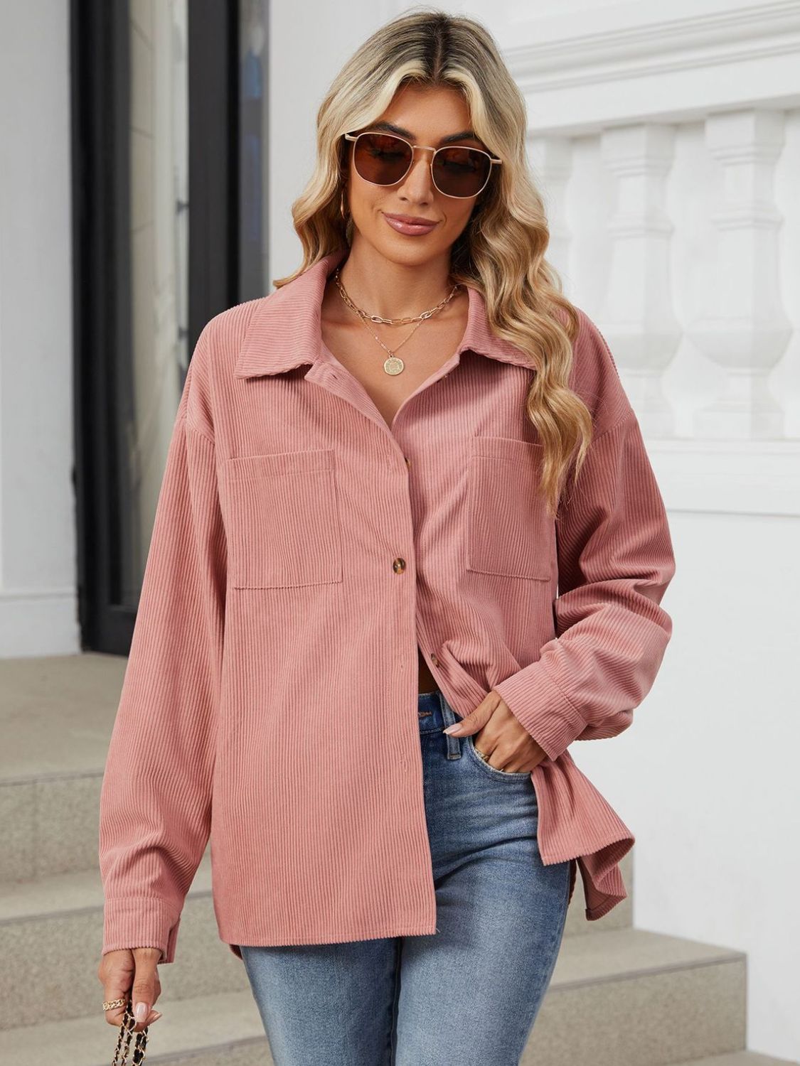 "Button Up Dropped Shoulder Long Sleeve Outerwear – Stylish & Versatile, Relaxed Fit, Chic Button-Up Design, Perfect for Layering & Effortless Everyday Fashion."