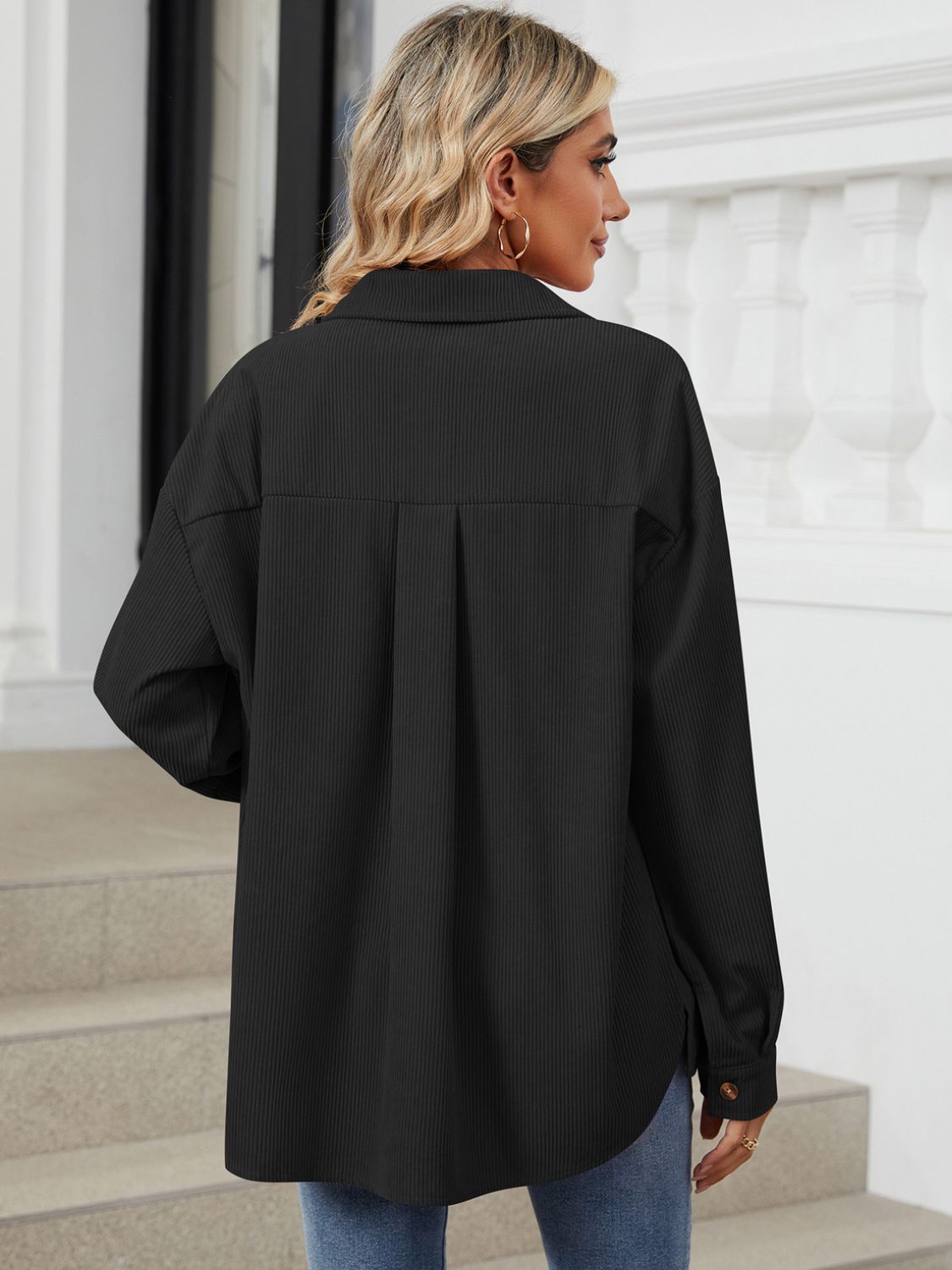 "Button Up Dropped Shoulder Long Sleeve Outerwear – Stylish & Versatile, Relaxed Fit, Chic Button-Up Design, Perfect for Layering & Effortless Everyday Fashion."