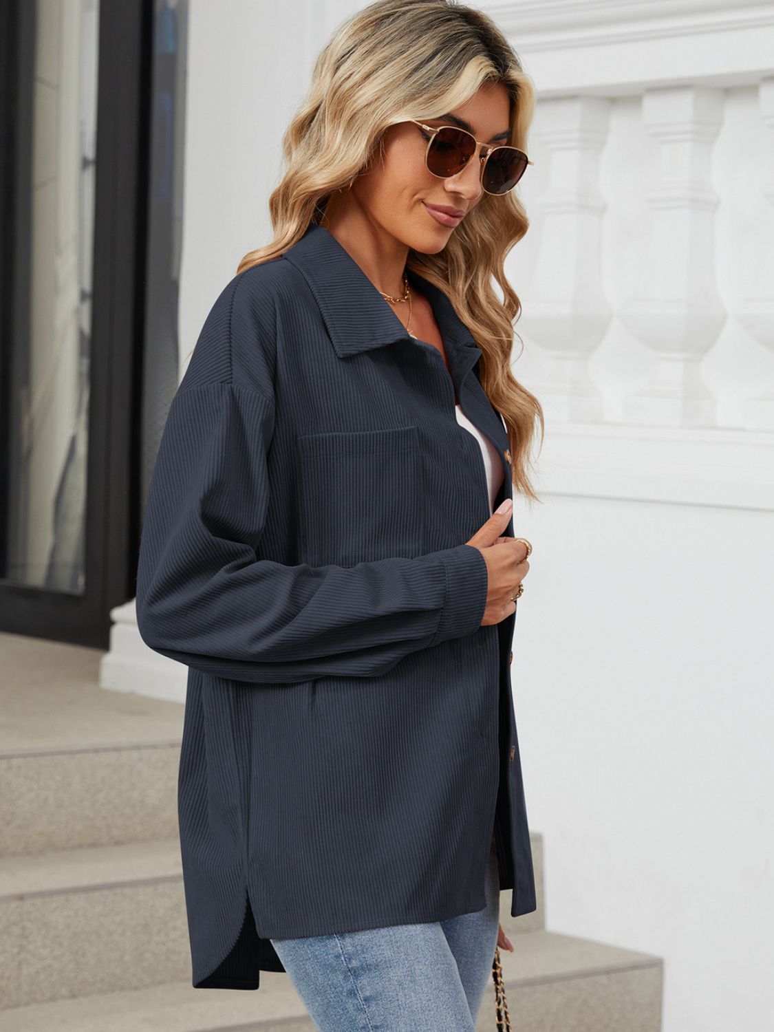 "Button Up Dropped Shoulder Long Sleeve Outerwear – Stylish & Versatile, Relaxed Fit, Chic Button-Up Design, Perfect for Layering & Effortless Everyday Fashion."