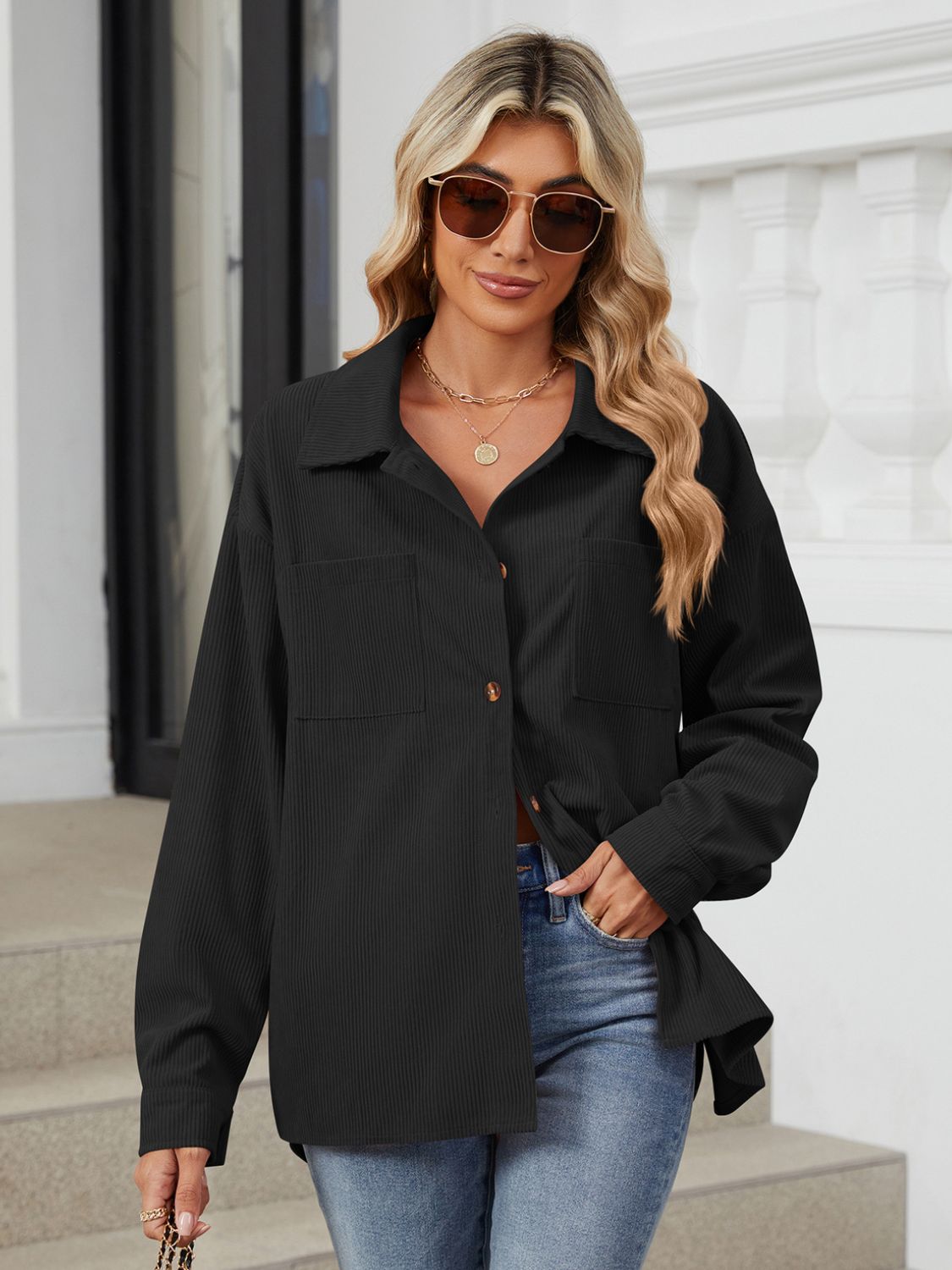 "Button Up Dropped Shoulder Long Sleeve Outerwear – Stylish & Versatile, Relaxed Fit, Chic Button-Up Design, Perfect for Layering & Effortless Everyday Fashion."