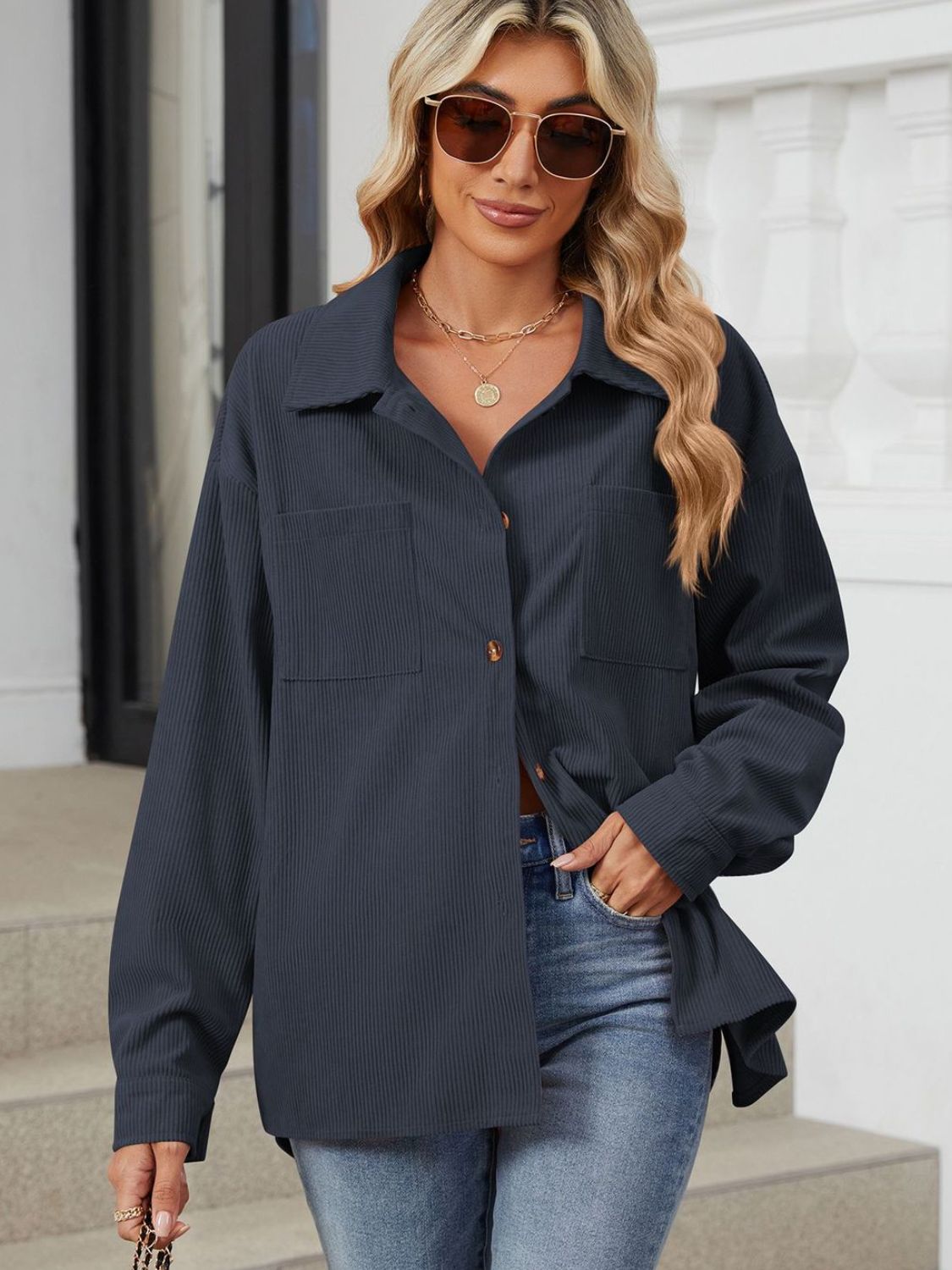 "Button Up Dropped Shoulder Long Sleeve Outerwear – Stylish & Versatile, Relaxed Fit, Chic Button-Up Design, Perfect for Layering & Effortless Everyday Fashion."