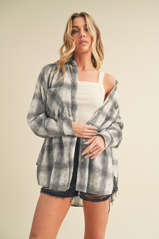 "Olivia Washed Plaid Flannel Side Step Hem Shirt – Cozy & Stylish, Soft Washed Fabric, Classic Plaid Design, Unique Side Step Hem, Perfect for Layering & Casual Wear"