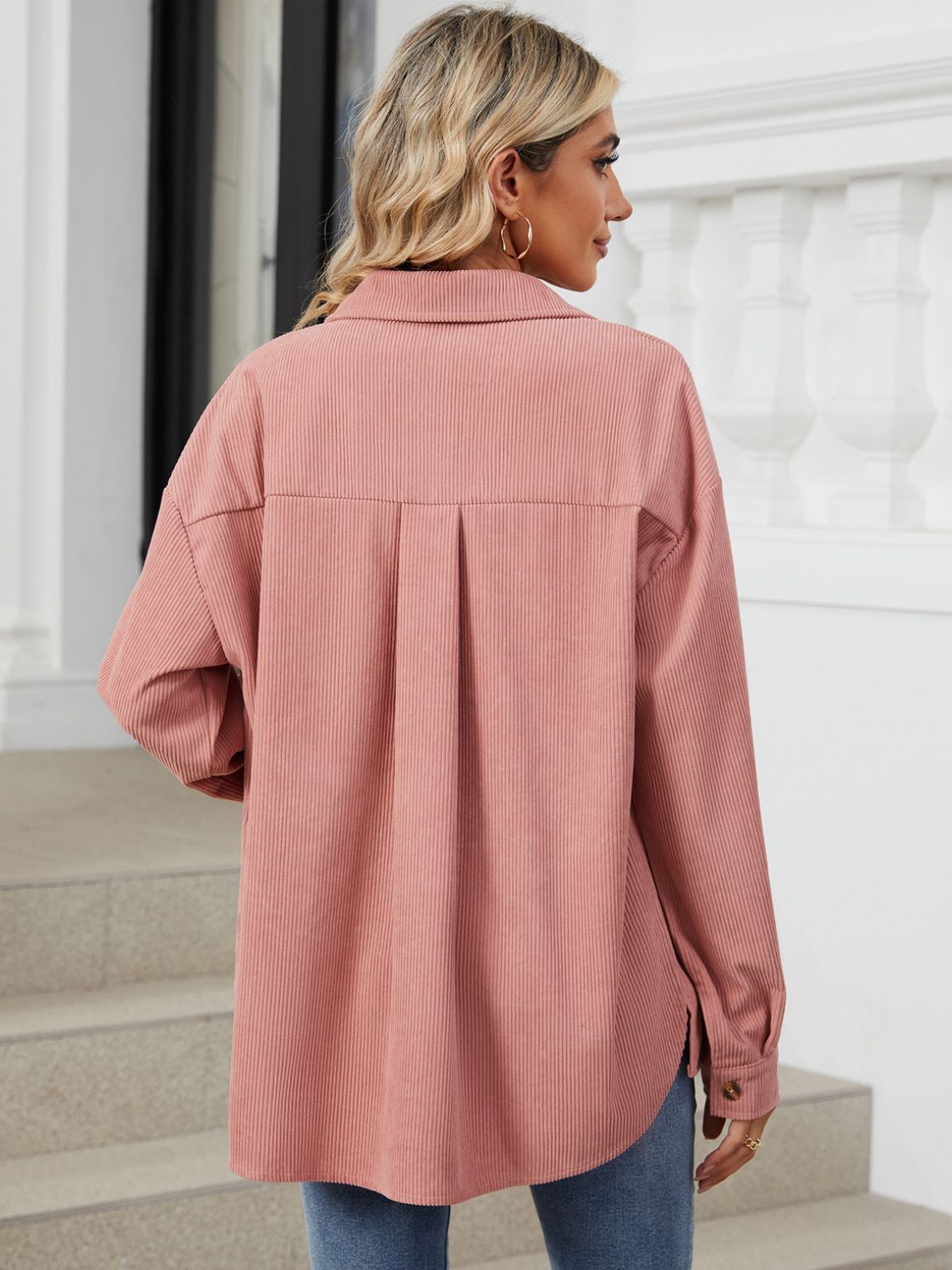 "Button Up Dropped Shoulder Long Sleeve Outerwear – Stylish & Versatile, Relaxed Fit, Chic Button-Up Design, Perfect for Layering & Effortless Everyday Fashion."