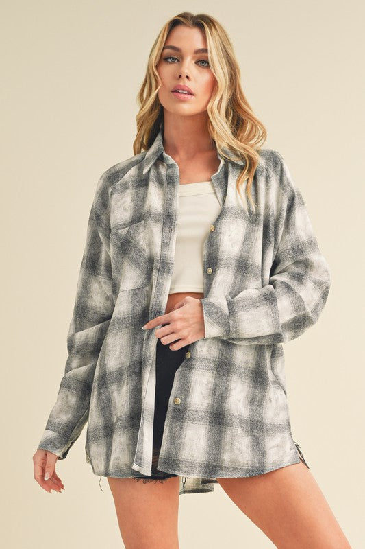 "Olivia Washed Plaid Flannel Side Step Hem Shirt – Cozy & Stylish, Soft Washed Fabric, Classic Plaid Design, Unique Side Step Hem, Perfect for Layering & Casual Wear"