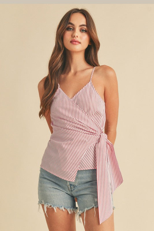 "Olivia Side Knotted Surplice Striped Cami – Chic & Flattering, Stylish Surplice Design, Trendy Side Knot Detail, Perfect for Effortless Summer Looks"