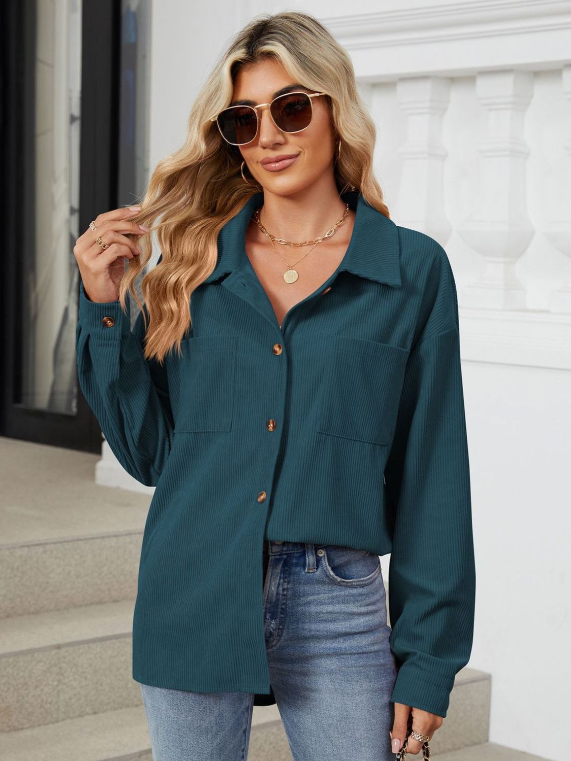 "Button Up Dropped Shoulder Long Sleeve Outerwear – Stylish & Versatile, Relaxed Fit, Chic Button-Up Design, Perfect for Layering & Effortless Everyday Fashion."