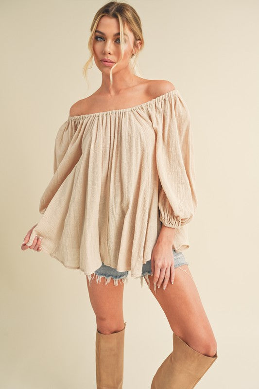 "Olivia Off-Shoulder Balloon Sleeve Blouse – Elegant & Chic Top, Flowy Balloon Sleeves, Stylish Off-Shoulder Design, Perfect for Casual & Dressy Looks"