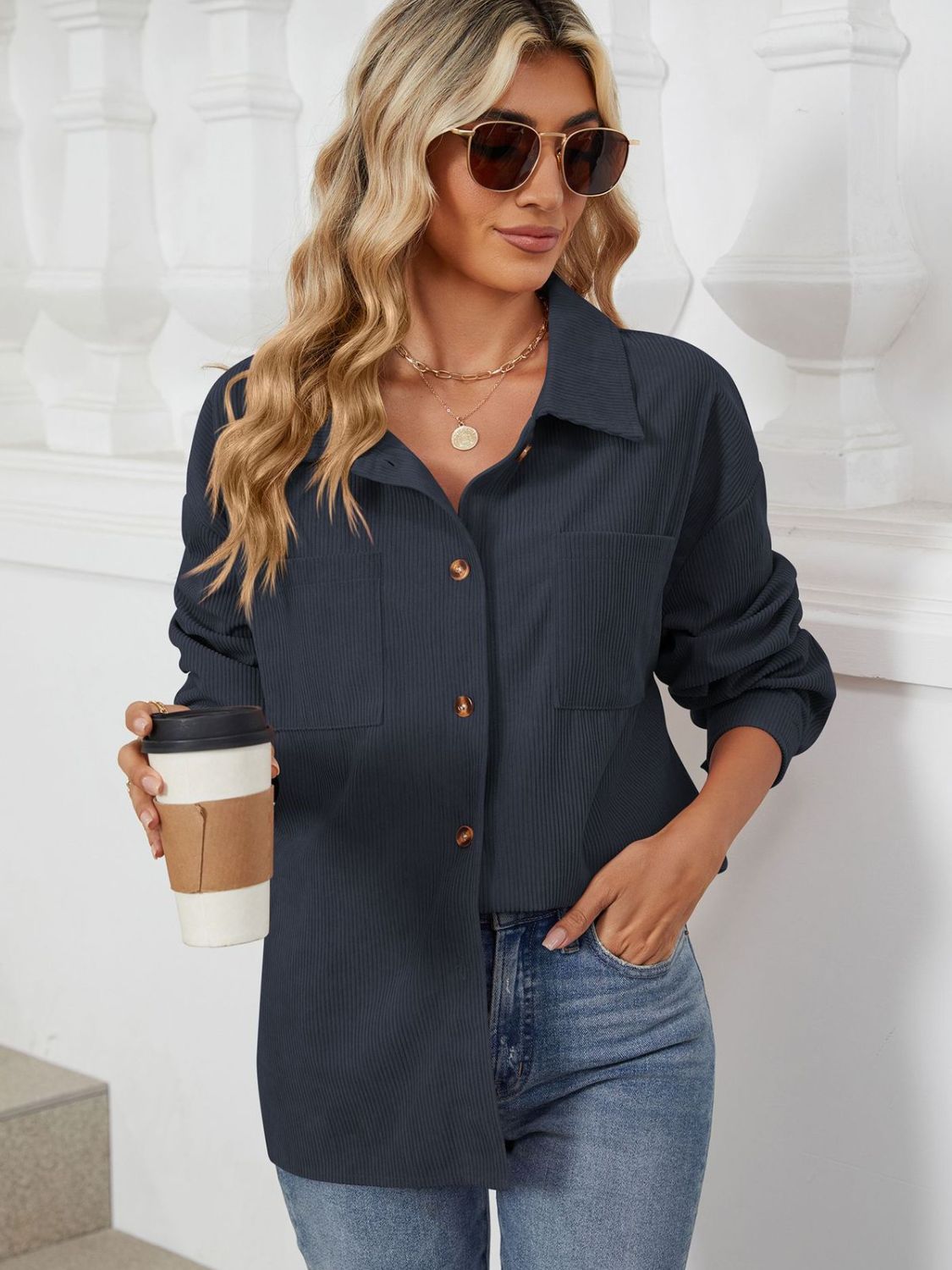 "Button Up Dropped Shoulder Long Sleeve Outerwear – Stylish & Versatile, Relaxed Fit, Chic Button-Up Design, Perfect for Layering & Effortless Everyday Fashion."