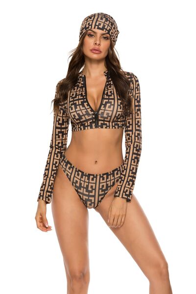 "Printed Zip Up Three-Piece Swim Set – Stylish, Stretchy, and Comfortable Beachwear"