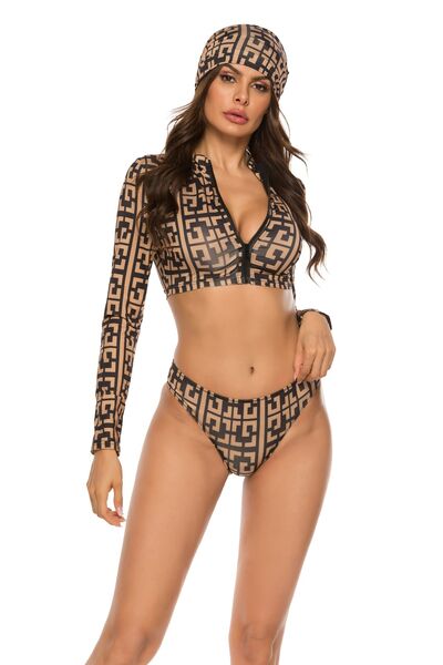 "Printed Zip Up Three-Piece Swim Set – Stylish, Stretchy, and Comfortable Beachwear"