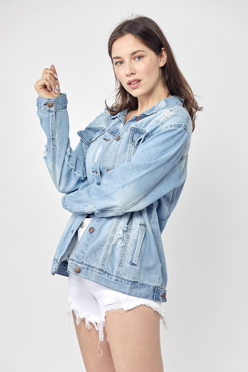 "Full-Size-Distressed-Long-Sleeve-Denim-Jacket-Plus-Size – Trendy & Comfortable Women's Outerwear for Effortless Layering"