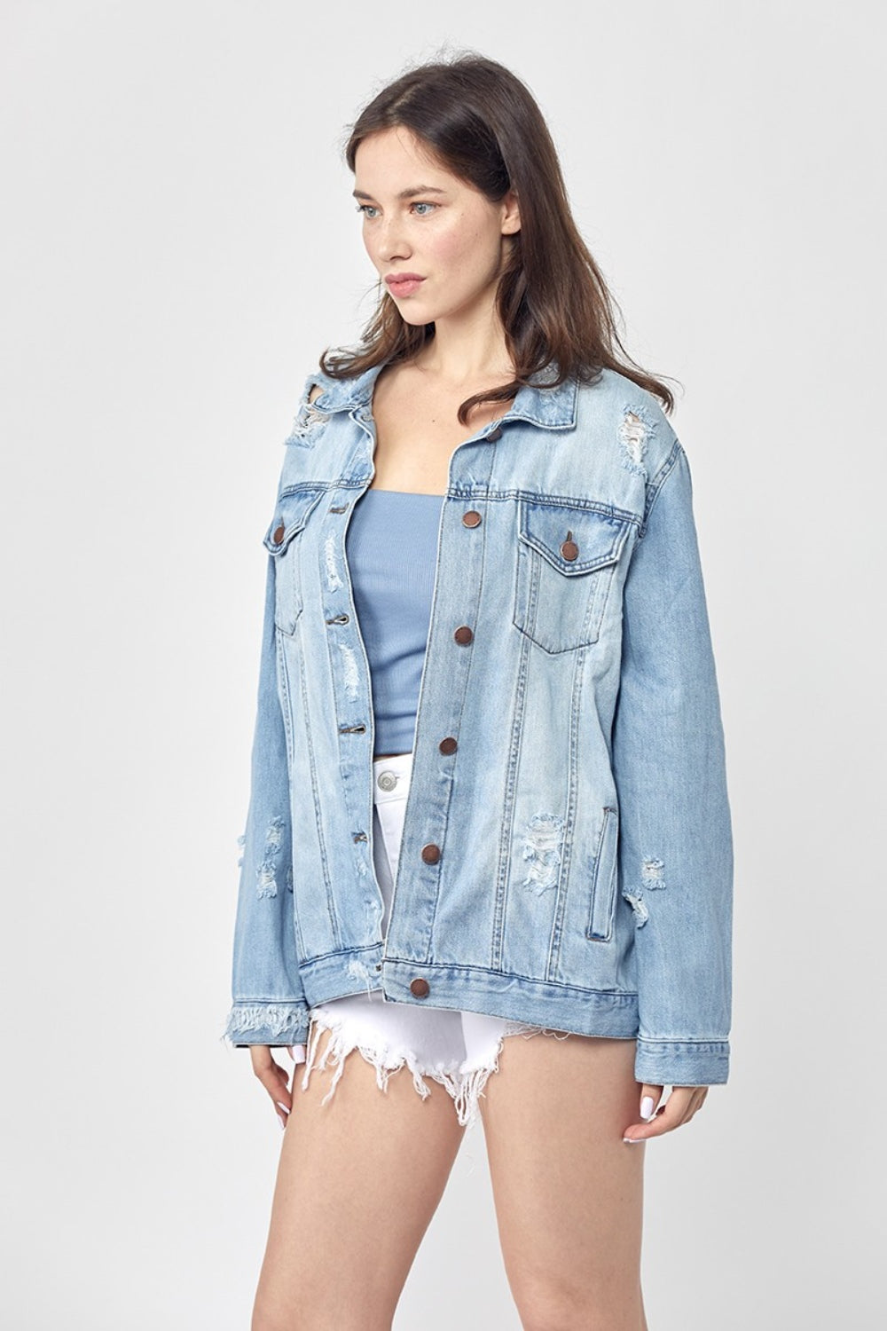 "Full-Size-Distressed-Long-Sleeve-Denim-Jacket-Plus-Size – Trendy & Comfortable Women's Outerwear for Effortless Layering"