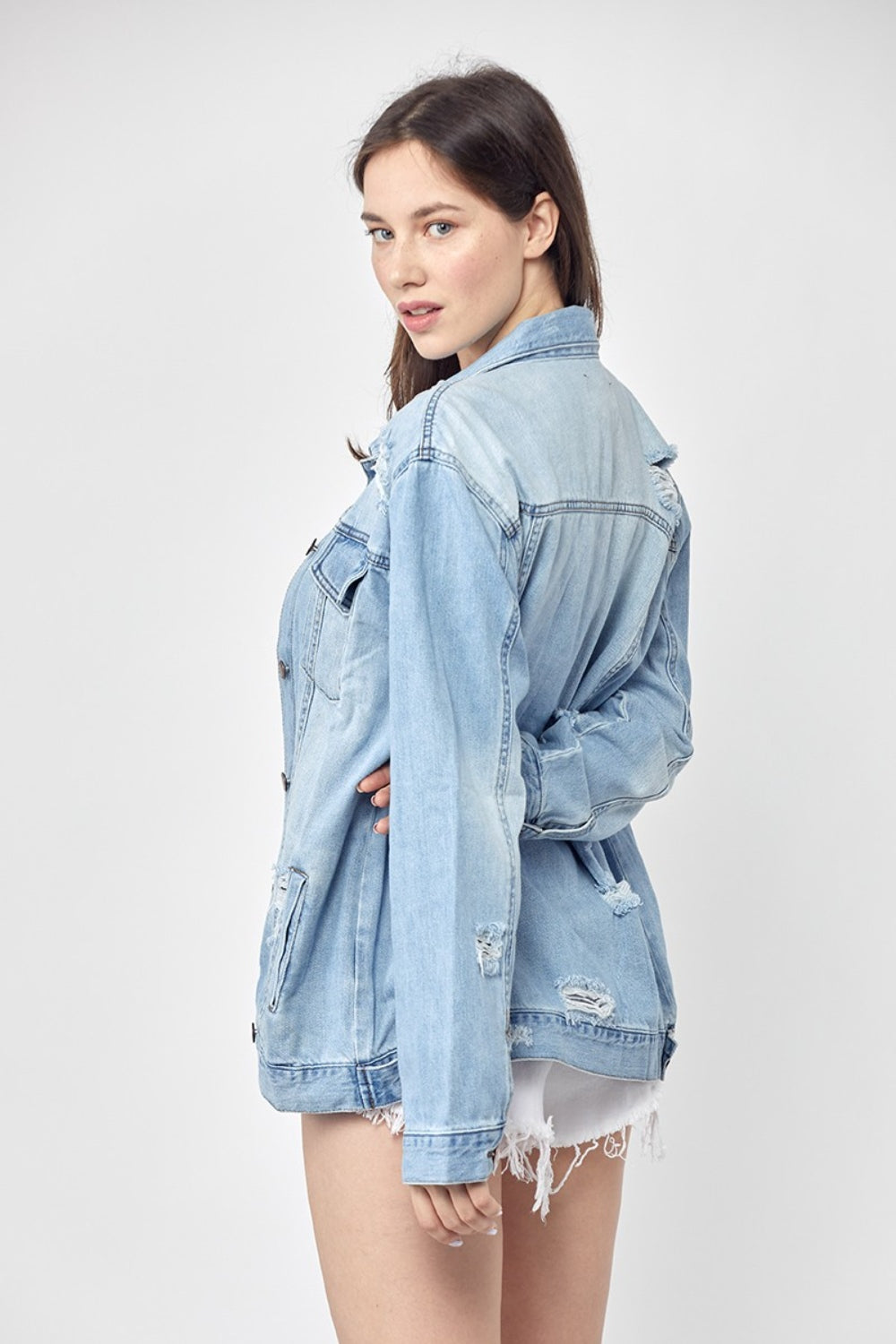 "Full-Size-Distressed-Long-Sleeve-Denim-Jacket-Plus-Size – Trendy & Comfortable Women's Outerwear for Effortless Layering"
