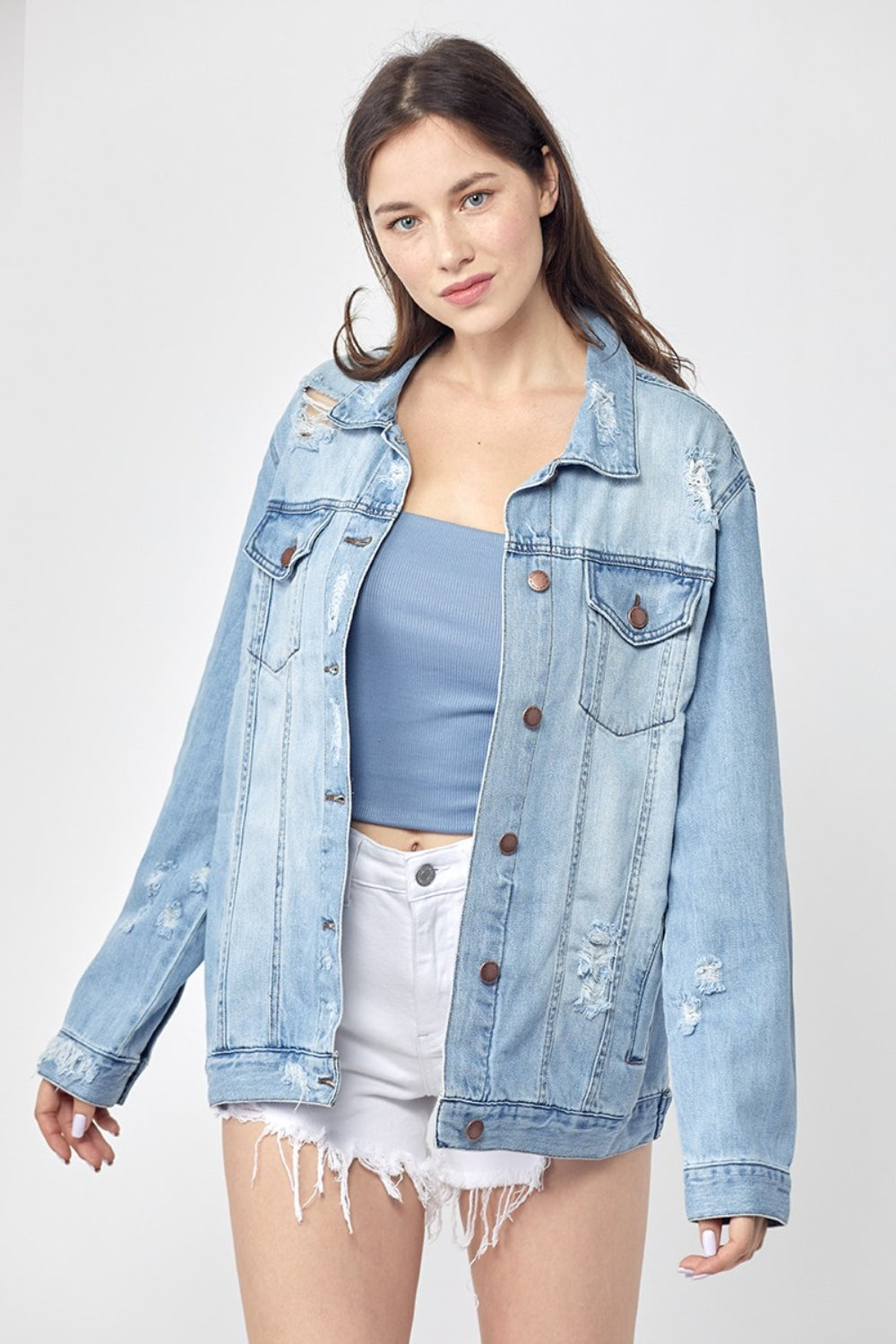 "Full-Size-Distressed-Long-Sleeve-Denim-Jacket-Plus-Size – Trendy & Comfortable Women's Outerwear for Effortless Layering"
