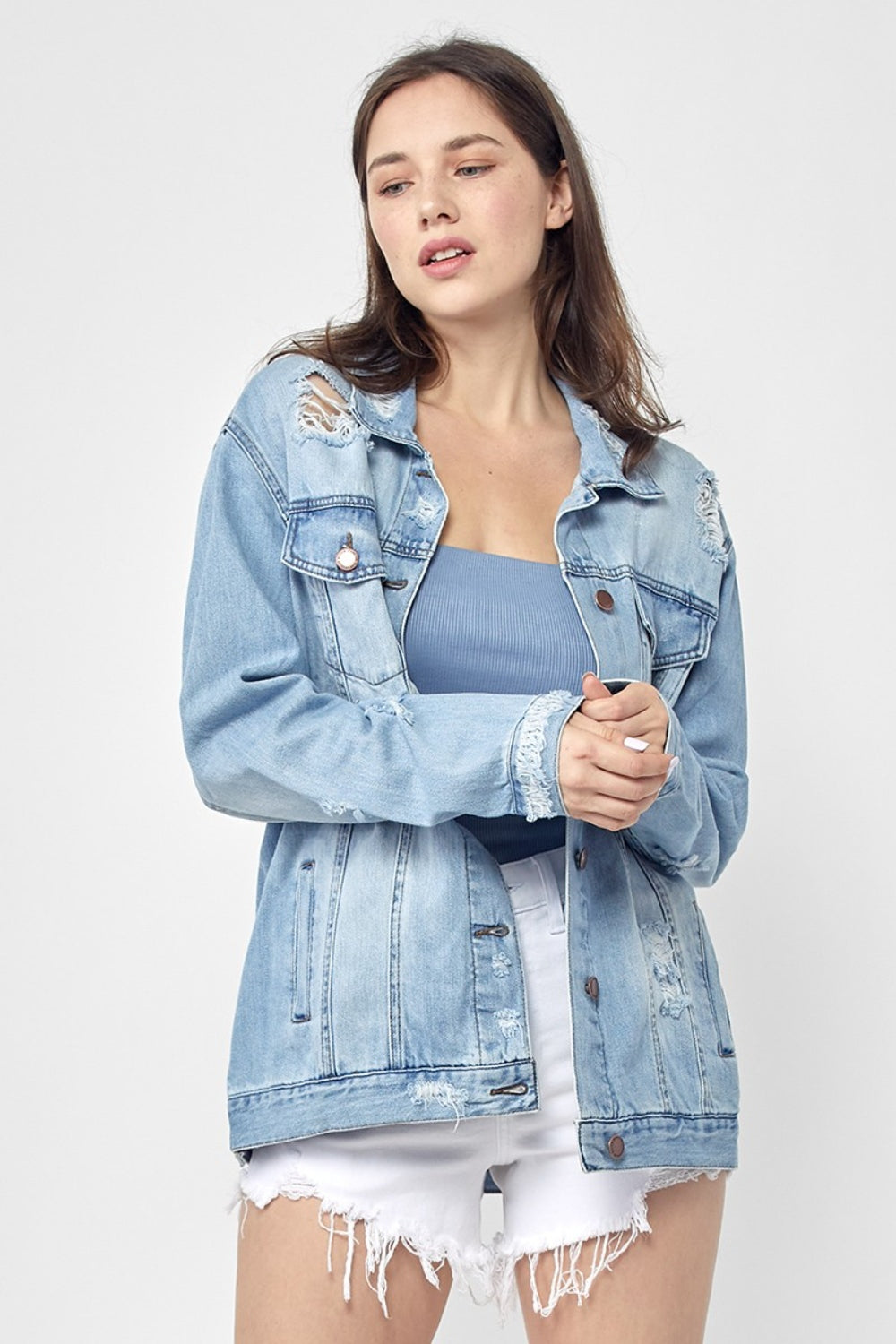 "Full-Size-Distressed-Long-Sleeve-Denim-Jacket-Plus-Size – Trendy & Comfortable Women's Outerwear for Effortless Layering"