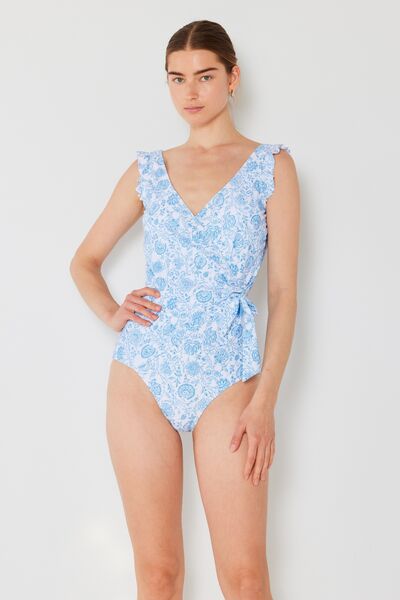 "Mary West Swim Full Size Float Ruffle Faux Wrap One-Piece Swimsuit – Elegant, ruched, and highly stretchy swimwear for a flattering and comfortable fit."
