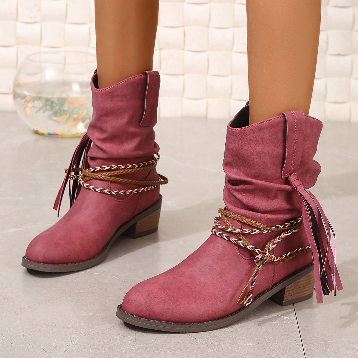 "Tassel PU Leather Block Heel Boots – Stylish Mid-Heel Women's Boots | Trendy, Comfortable & Perfect for Any Occasion"