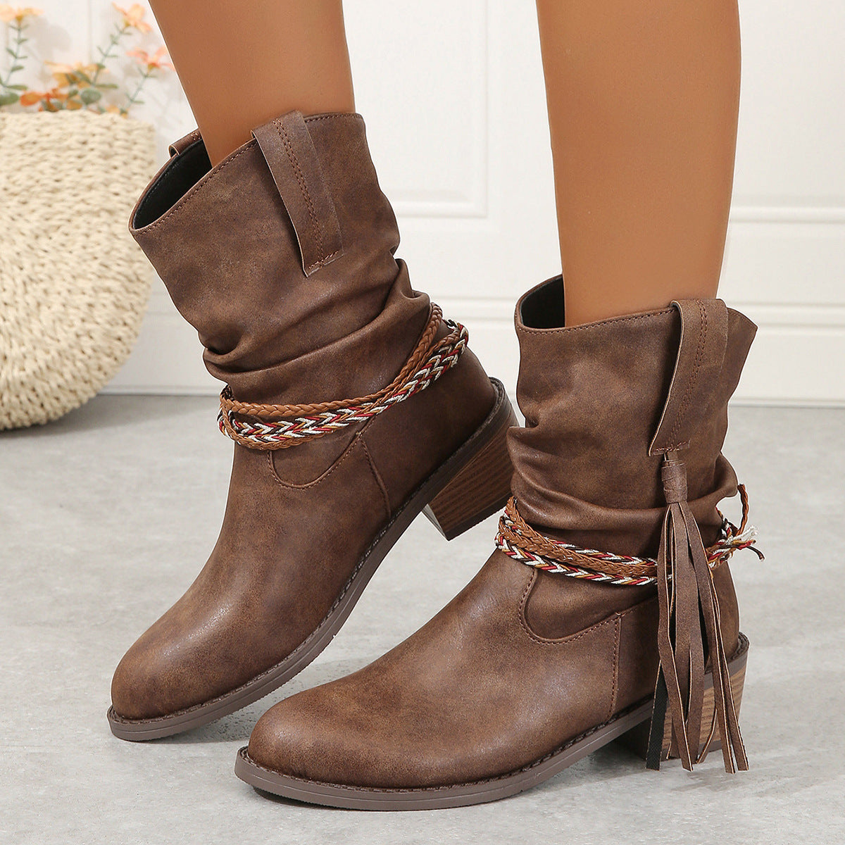 "Tassel PU Leather Block Heel Boots – Stylish Mid-Heel Women's Boots | Trendy, Comfortable & Perfect for Any Occasion"