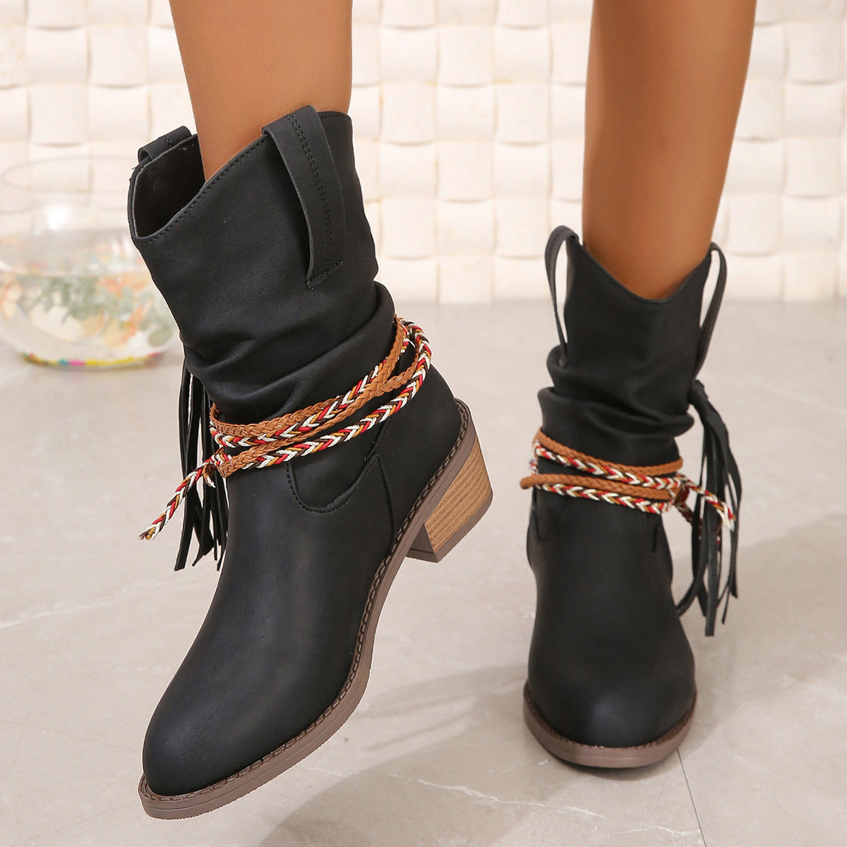 "Tassel PU Leather Block Heel Boots – Stylish Mid-Heel Women's Boots | Trendy, Comfortable & Perfect for Any Occasion"