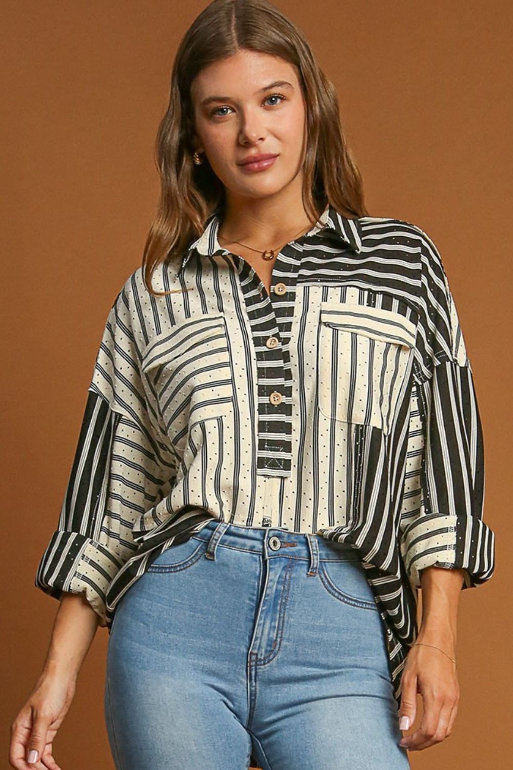 "Umgee Full Size Pointelle Striped Half Button Collared Neck Top – Stylish & Comfortable, Textured Pointelle Knit, Classic Collared Design, Perfect for Chic Plus-Size Fashion"