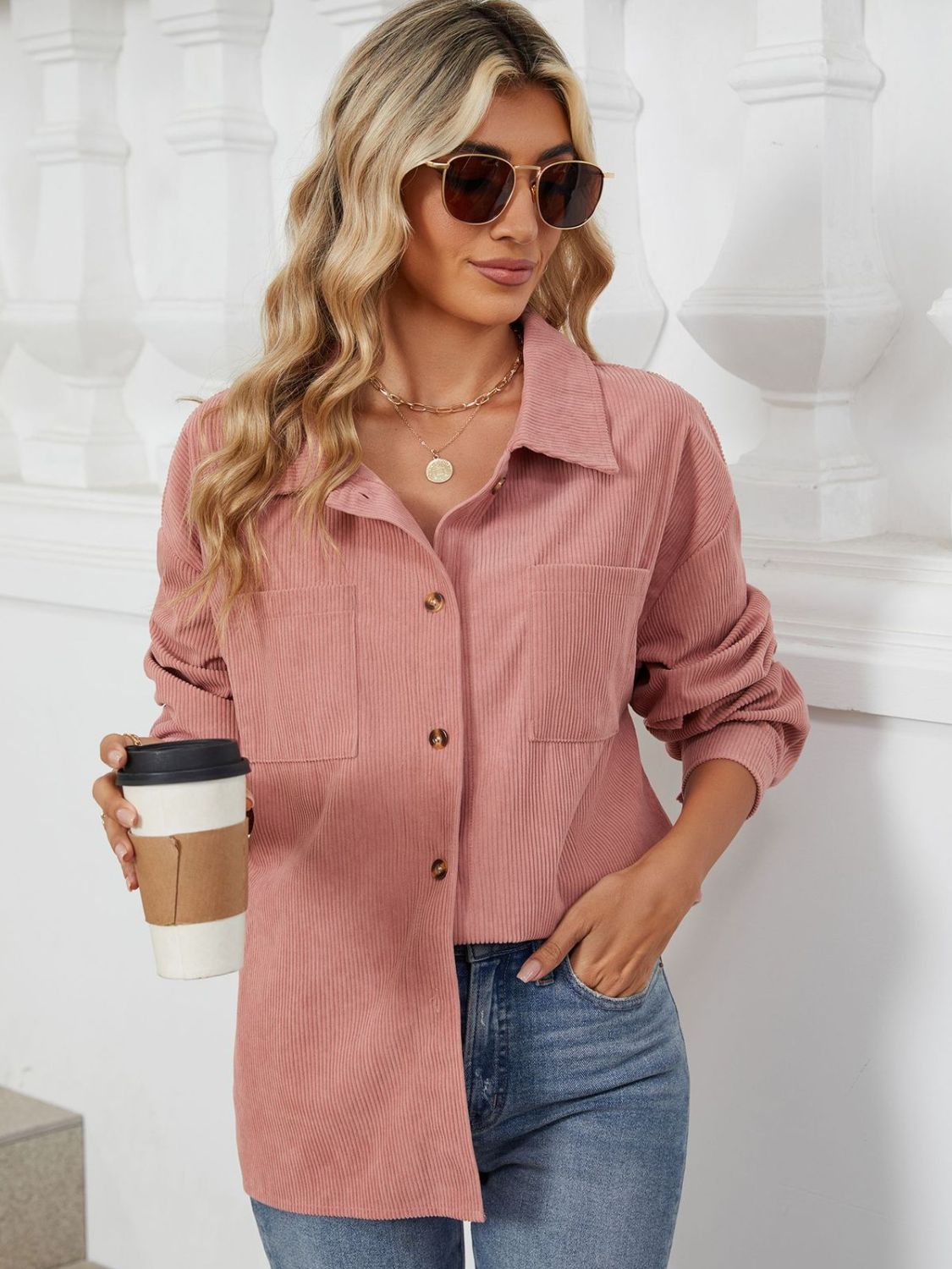 "Button Up Dropped Shoulder Long Sleeve Outerwear – Stylish & Versatile, Relaxed Fit, Chic Button-Up Design, Perfect for Layering & Effortless Everyday Fashion."