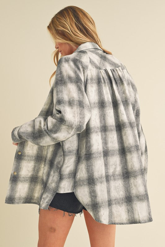 "Olivia Washed Plaid Flannel Side Step Hem Shirt – Cozy & Stylish, Soft Washed Fabric, Classic Plaid Design, Unique Side Step Hem, Perfect for Layering & Casual Wear"