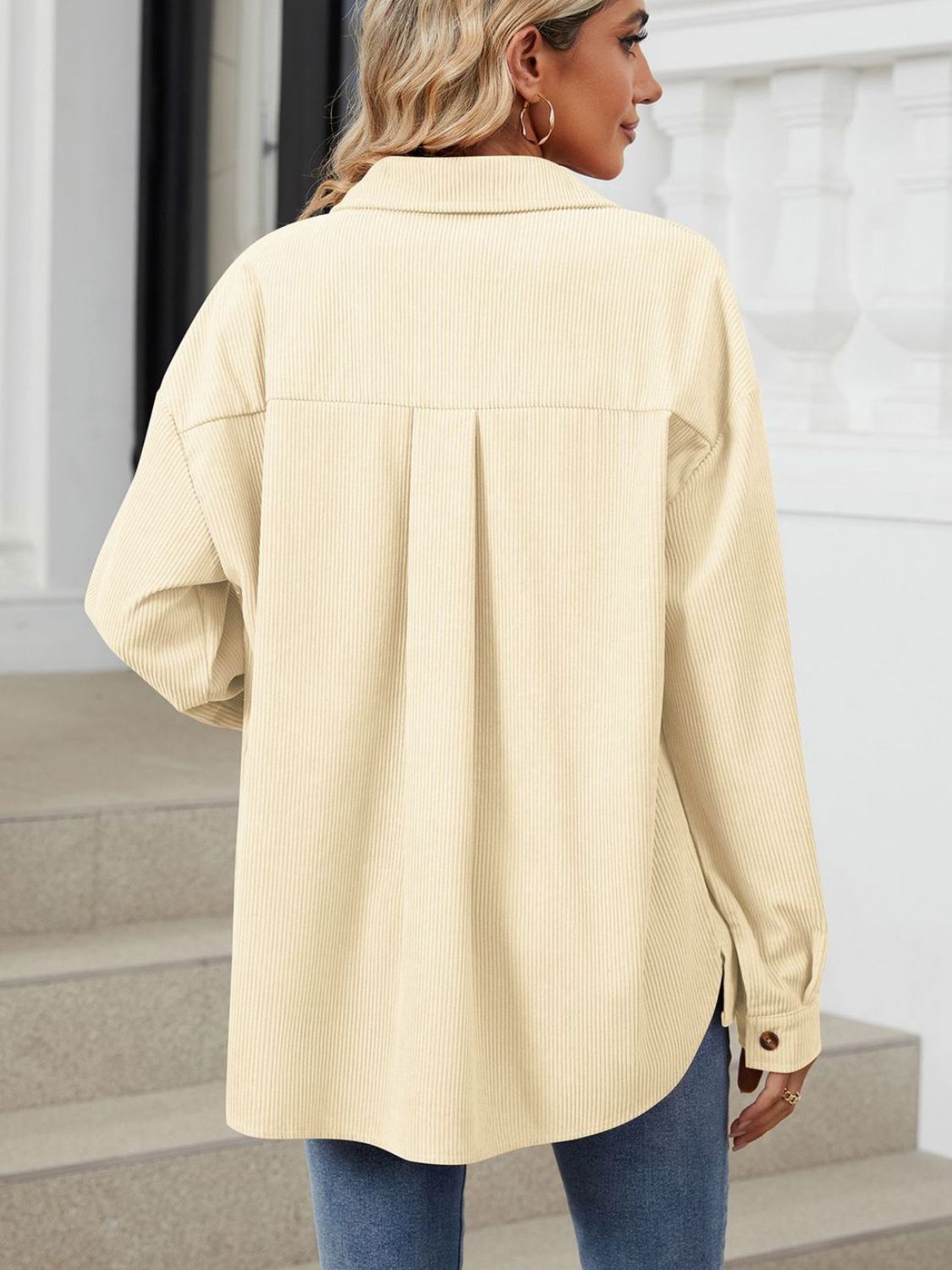 "Button Up Dropped Shoulder Long Sleeve Outerwear – Stylish & Versatile, Relaxed Fit, Chic Button-Up Design, Perfect for Layering & Effortless Everyday Fashion."