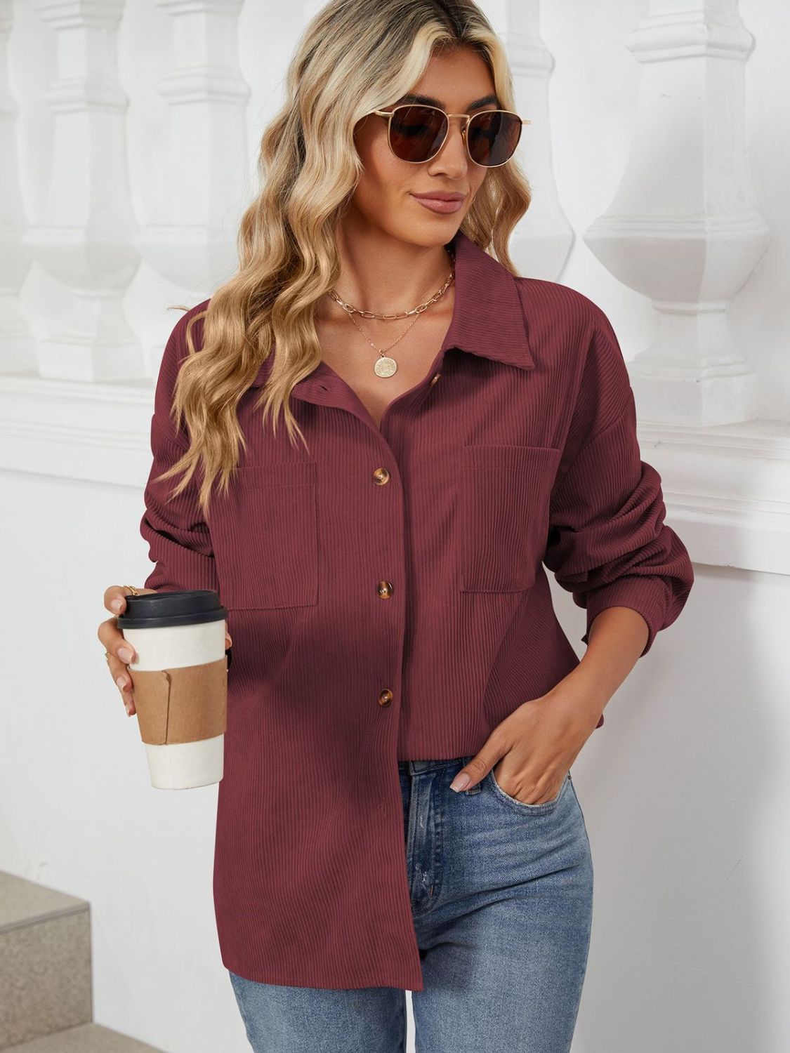 "Button Up Dropped Shoulder Long Sleeve Outerwear – Stylish & Versatile, Relaxed Fit, Chic Button-Up Design, Perfect for Layering & Effortless Everyday Fashion."